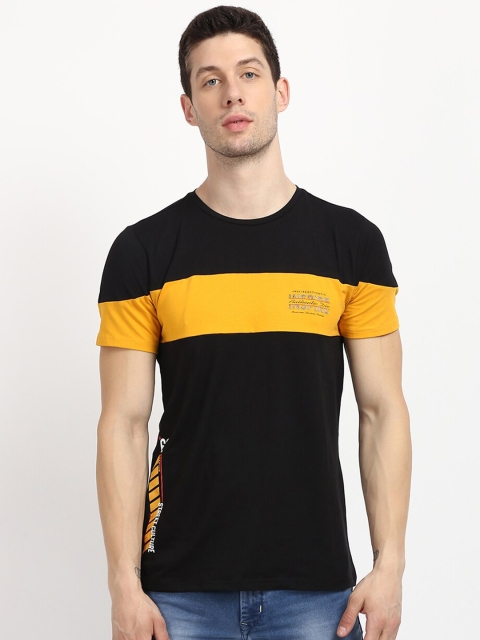 V2 Value & Variety Men Black & Mustard Yellow Colourblocked T-shirt
