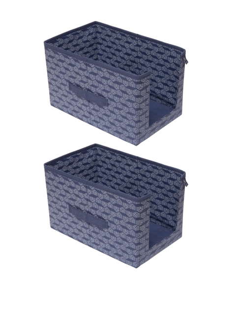 HOMESTRAP Set Of 2 Blue Printed Shirt Stacker Organisers With Handles