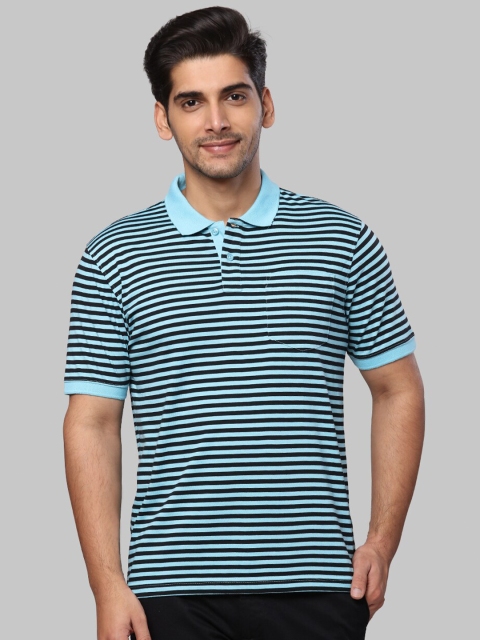 Next Look Men Blue & Black Striped Polo Collar T-shirt