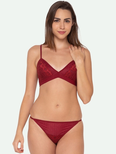 Candyskin Women Maroon Solid Lace Bralette Lingerie Set CSVIN10