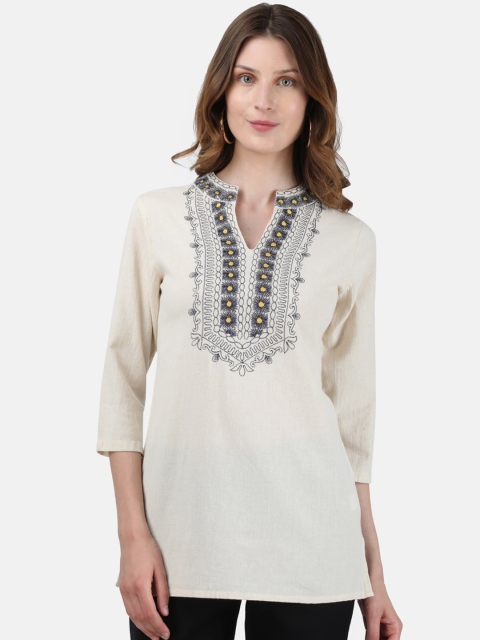 Monte Carlo White & Navy Blue Embroidered Mandarin Collar Regular Longline Top