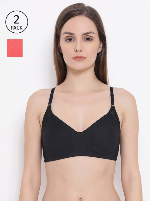 Clovia Pack Of 2 Black & Coral Red Full Coverage Cotton T-shirt Bras COMBRC75632B