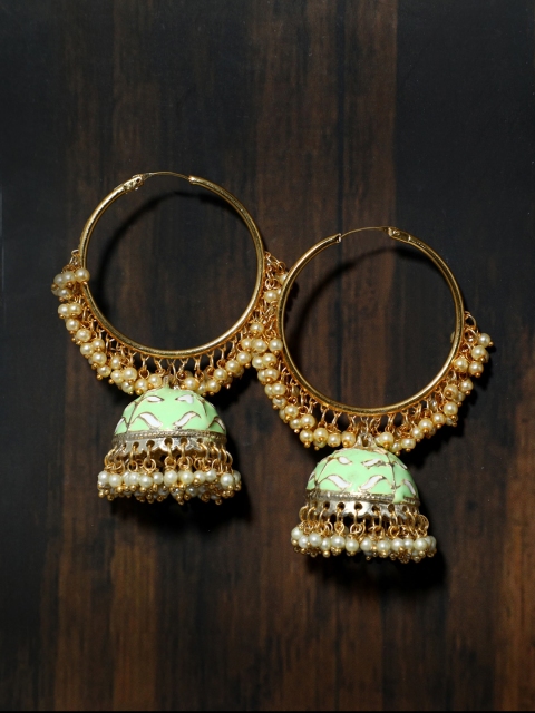 KARATCART Gold-Plated & Sea Green Dome Shaped Jhumkas Earrings