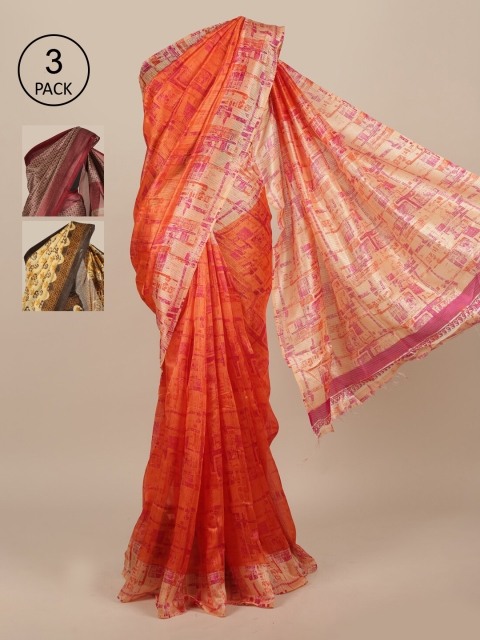 Pothys Pack of 3 Checked Saree, Orange