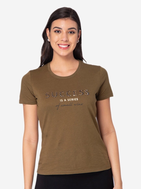 Mode by Red Tape Women Olive & Off White Typography Printed T-shirt
