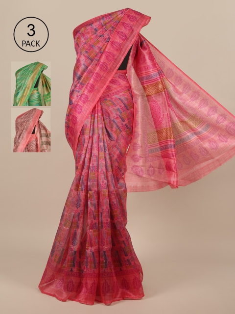 Pothys Pack of 3 Pink & Green Jute Silk Saree