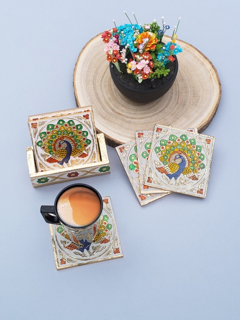 Golden Peacock Set of 6 Gold-Toned & Green Minakari Peacock Design Wooden Handcrafted Coasters With Holder
Golden Peacock Set of 6 Gold-Toned & Green Minakari Peacock Design Wooden Handcrafted Coasters With Holder