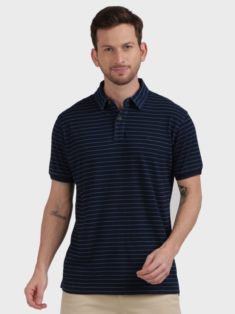 ColorPlus Men Blue Striped Polo Collar T-shirt