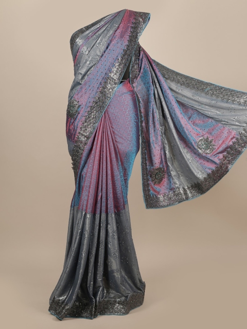 Pothys Grey & Purple Embellished Sequinned Jute Silk Saree