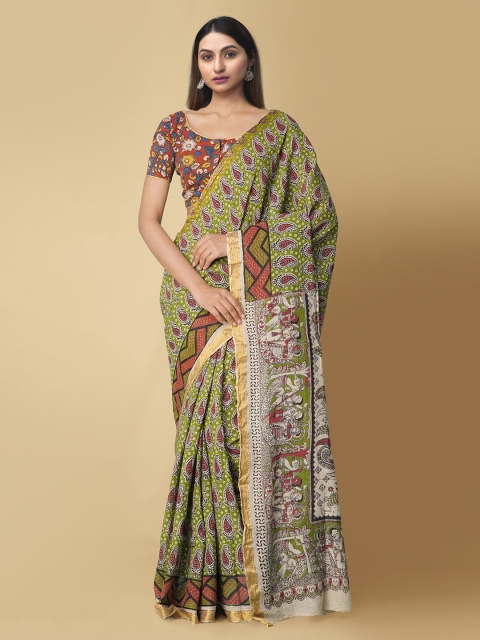 Unnati Silks Green & Beige Kalamkari Zari Pure Cotton Kanjeevaram Saree