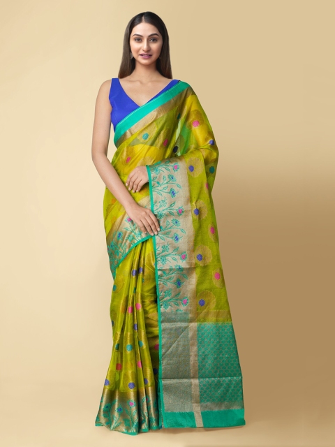 Unnati Silks Green & Pink Ethnic Motifs Zari Silk Cotton Banarasi Saree