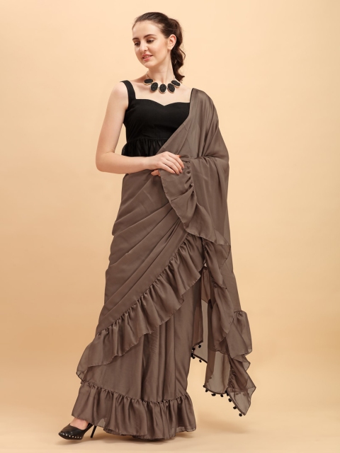 Sangria Taupe Silk Blend Ruffled Saree