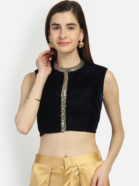 studio rasa Navy Blue Velvet Embellished Regular Crop Top