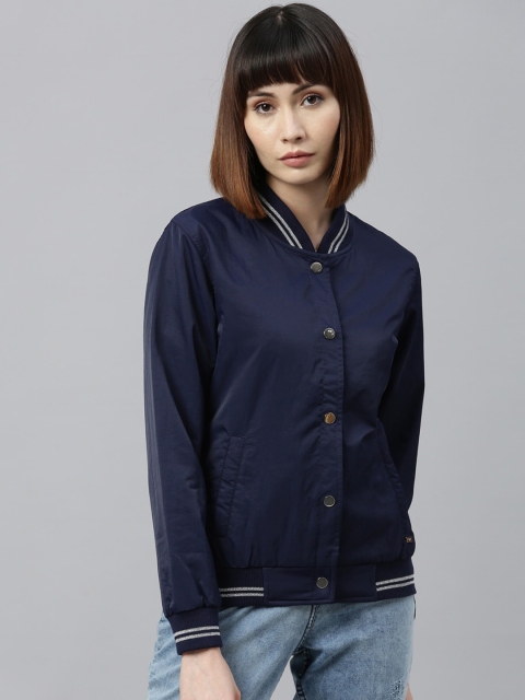 Park Avenue Woman Women Blue Crop Bomber with Embroidered Jacket