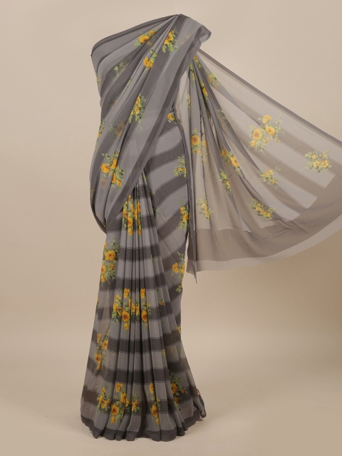 Pothys Grey & Yellow Floral Poly Chiffon Saree