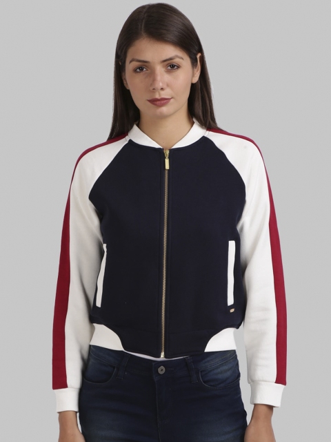 Parx Women Navy Blue & White Solid Sweatshirt