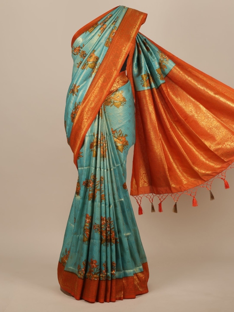 Pothys Blue & Orange Floral Zari Jute Silk Saree