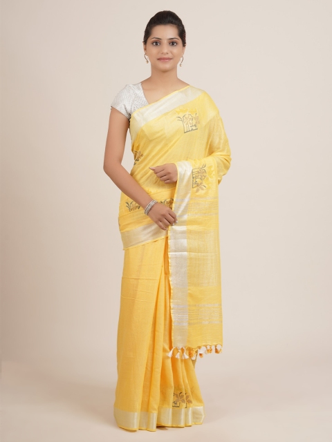 Pothys Yellow Ethnic Motifs Embroidered Pure Linen Saree