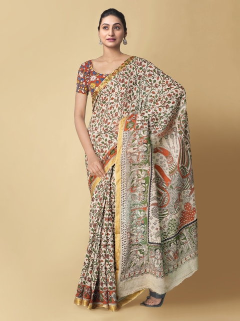 Unnati Silks Cream-Coloured Kalamkari Pure Cotton Kanjeevaram Saree