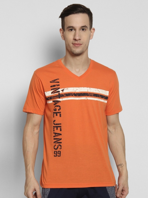 NEVA Men Orange Printed V-Neck T-shirt