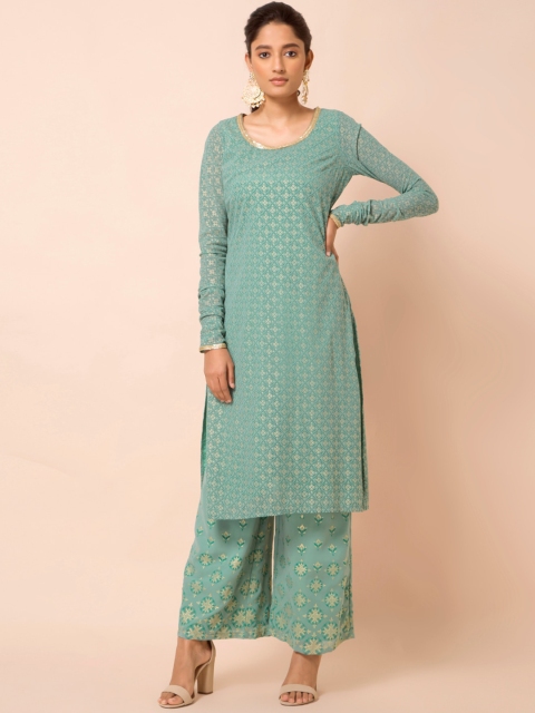 INDYA Women Green Ethnic Motifs Kurta with Palazzos