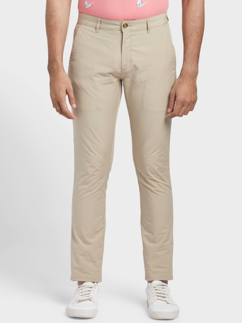 ColorPlus Men Khaki Textured Checked Regular Trousers