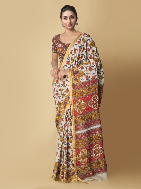 Unnati Silks Cream & Orange Kalamkari Zari Pure Cotton Kanjeevaram Saree