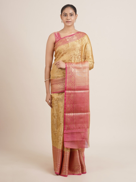 Pothys Gold-Toned & Pink Ethnic Motifs Zari Tissue Saree