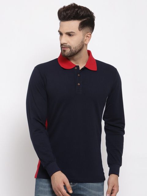Kalt Men Navy Blue Solid Polo Collar T-shirt
