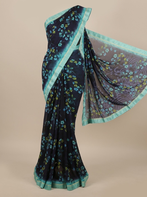Pothys Navy Blue & Sea Green Floral Saree