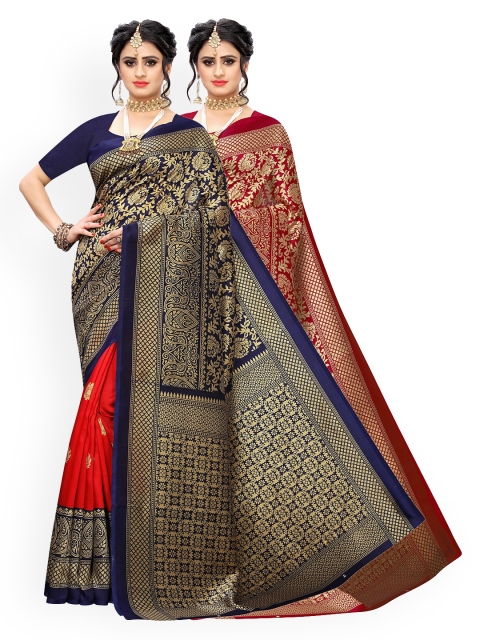 KALINI Pack of 2 Navy Blue & Red Ethnic Motifs Art Silk Saree