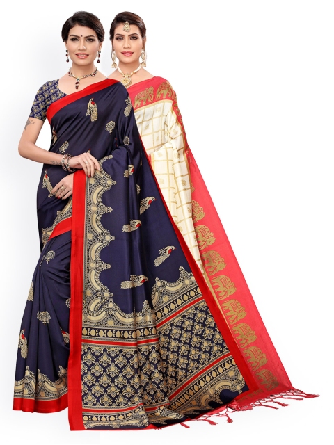 KALINI Pack of 2 Red & Blue Ethnic Motifs Art Silk Saree