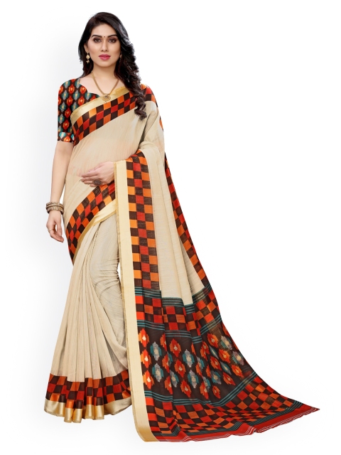 KALINI Cream Checked Embroidered Saree