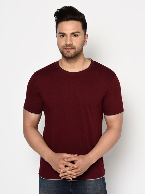 ELEGANCE Men Maroon Solid Round Neck T-shirt