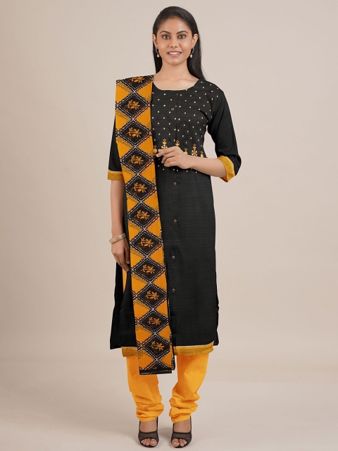 Pothys Black & Yellow Embroidered Unstitched Dress Material