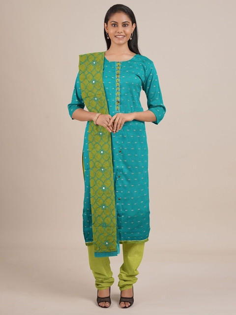 Pothys Blue & Green Printed Unstitched Dress Material