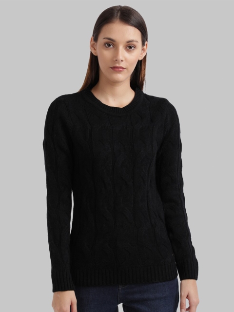 Parx Women Black Self Design Acrylic Pullover Sweater