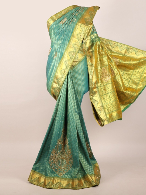 Pothys Green & Gold Woven Design Sequinned Pure Silk Kanjeevaram Saree