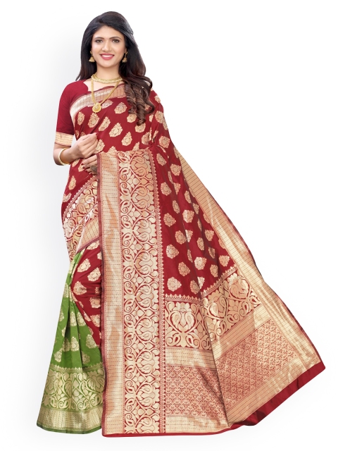 KALINI Maroon & Green Woven Design Zari Banarasi Saree