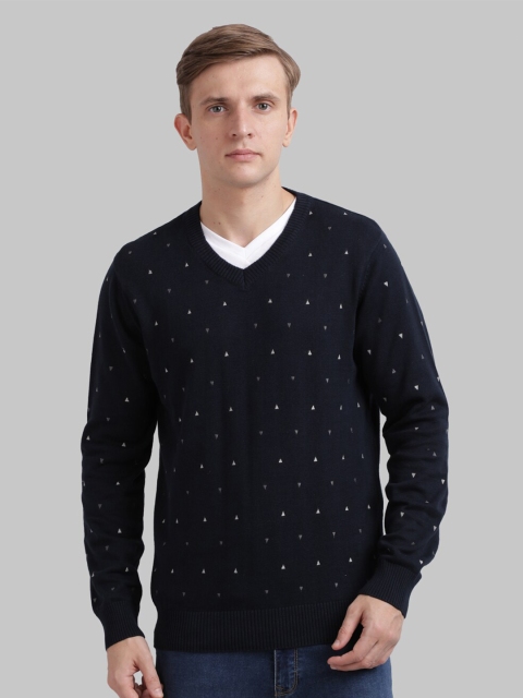 Parx Men Navy Blue Embroidered Cotton Pullover Sweater