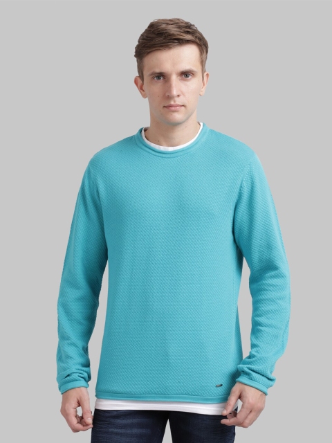 Parx Men Sea Green Self Design Pullover Sweater