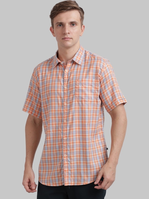 Parx Men Orange & Blue Slim Fit Checked Casual Shirt