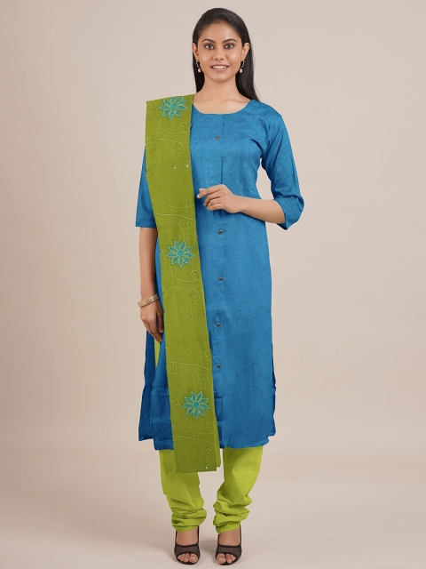 Pothys Blue & Green Embroidered Unstitched Dress Material