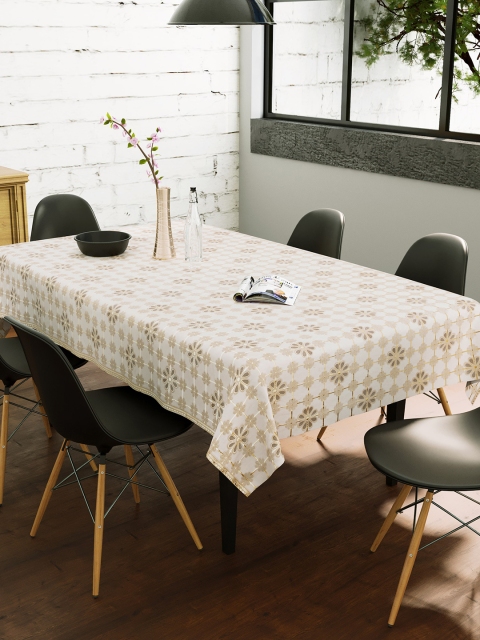 Clasiko Beige & White Floral Printed 6-Seater PVC Table Cover