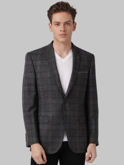 Park Avenue Men Beige & Blue Checked Single-Breasted Casual Blazer, Grey