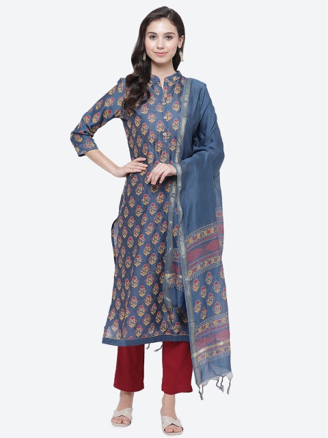 Biba Blue & Yellow Printed Art Silk Unstitched Dress Material