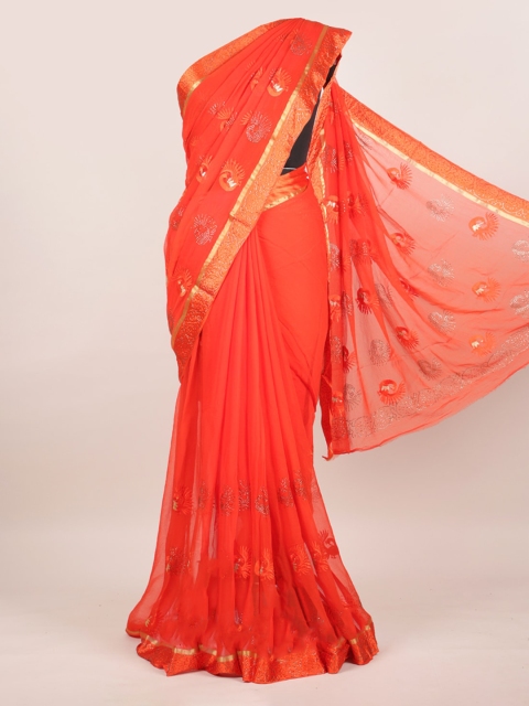 Pothys Orange Floral Pure Chiffon Saree
