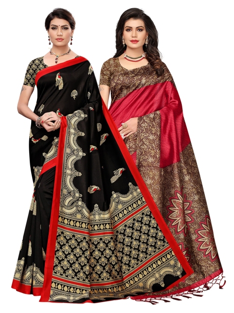 KALINI Pack Of 2 Red & Black Ethnic Motifs Art Silk Sarees