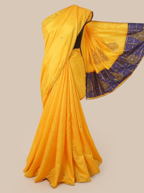 Pothys Yellow Beads and Stones Art Silk Heavy Work Saree