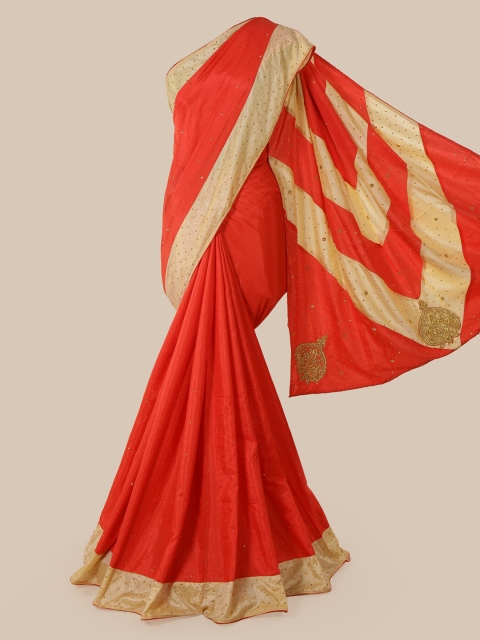 Pothys Red & Cream Beads and Stones Art Silk Heavy Work Saree
